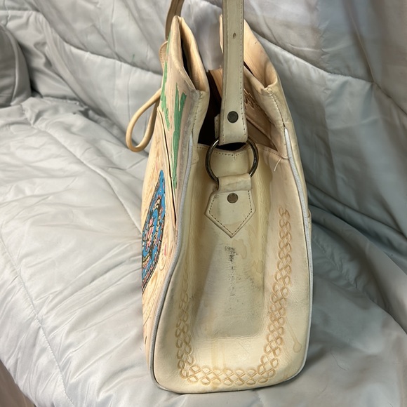 Vintage Leather Hand Tooled RARE Purse 1960s Mexico Ivory Yellow Mayan Roses - Picture 9 of 16